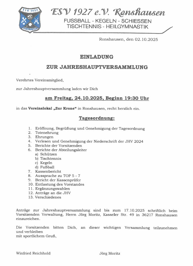 Einladung zur Jahreshauptversammlung